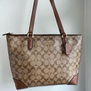 Coach Monogram Canvas Tote in Brown with Leather Trim